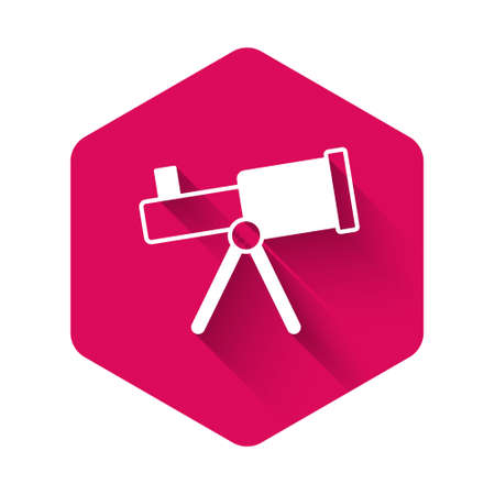 White Telescope icon isolated with long shadow background. Scientific tool. Education and astronomy element, spyglass and study stars. Pink hexagon button. Vectorのイラスト素材