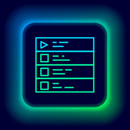 Glowing neon line Music playlist icon isolated on black background. Colorful outline concept. Vectorのイラスト素材