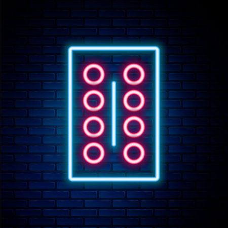 Glowing neon line Pills in blister pack icon isolated on brick wall background. Medical drug package for tablet, vitamin, antibiotic, aspirin. Colorful outline concept. Vectorのイラスト素材