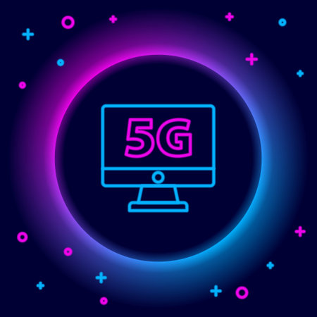 Glowing neon line Monitor with 5G new wireless internet wifi icon isolated on black background. Global network high speed connection data rate technology. Colorful outline concept. Vectorのイラスト素材