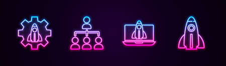 Set line Startup project concept and Hierarchy organogram chart. Glowing neon icon. Vectorのイラスト素材