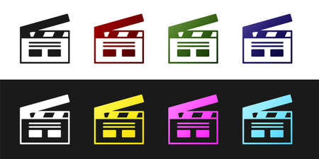 Set Cinema icon isolated on black and white background. Movie clapper. Film clapper board. Cinema production or media industry. Vectorのイラスト素材