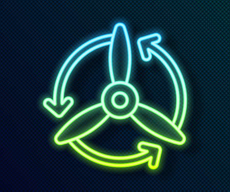 Glowing neon line Wind turbine icon isolated on black background. Wind generator sign. Windmill for electric power production. Vectorのイラスト素材