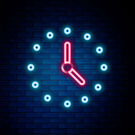 Glowing neon line Clock icon isolated on brick wall background. Time symbol. Colorful outline concept. Vectorのイラスト素材