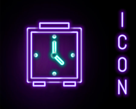 Glowing neon line Alarm clock icon isolated on black background. Wake up, get up concept. Time sign. Colorful outline concept. Vectorのイラスト素材
