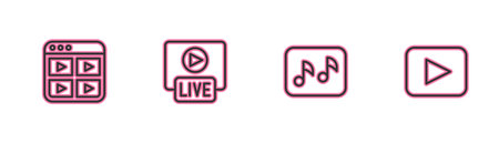 Set line Music playlist, note, tone, Live stream and Play button icon. Vector