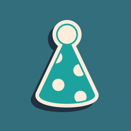 Green Party hat icon isolated on green background. Birthday hat. Long shadow style. Vectorのイラスト素材