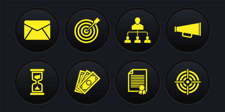 Set Old hourglass, Megaphone, Stacks paper money cash, Certificate template, Referral marketing and Target with arrow icon. Vectorのイラスト素材