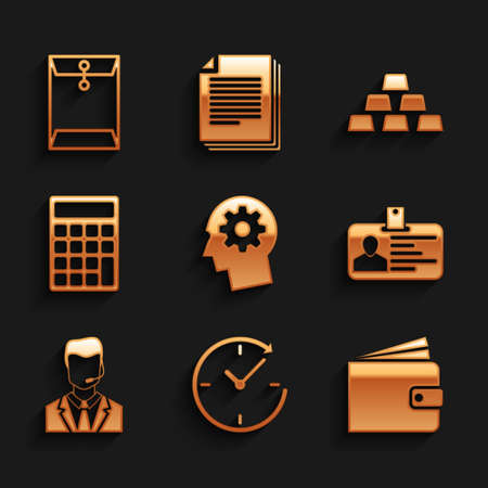Set Human head with gear inside, Clock arrow, Wallet, Identification badge, Man headset and Calculator icon. Vectorのイラスト素材