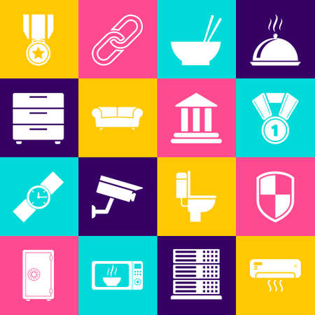 Set Air conditioner, Shield, Medal, Bowl with chopsticks, Sofa and Furniture nightstand icon. Vectorのイラスト素材