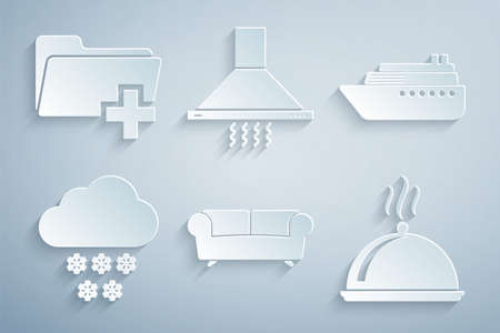 Set Sofa, Ship, Cloud with snow, Covered tray food, Kitchen extractor fan and Add new folder icon. Vectorのイラスト素材
