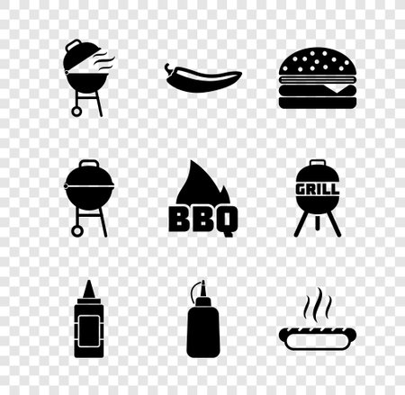 Set Barbecue grill, Hot chili pepper pod, Burger, Mustard bottle, Hotdog sandwich, and fire flame icon. Vectorのイラスト素材