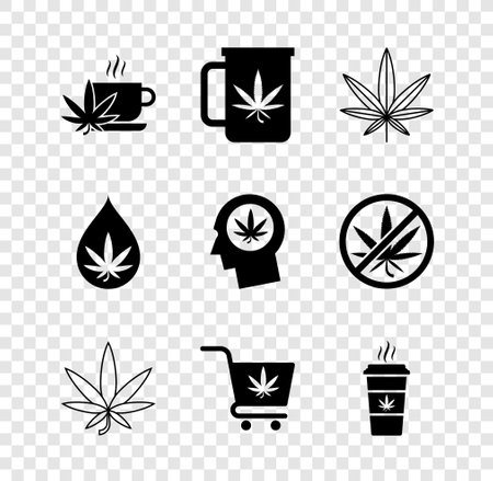 Set Cup tea with marijuana, Marijuana or cannabis leaf, Shopping cart, coffee, oil and Head profile icon. Vectorのイラスト素材
