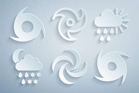 Set Tornado, Cloudy with rain and sun, snow, rain, moon icon. Vectorのイラスト素材