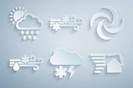 Set Cloud with snow and lightning, Tornado, Wind rain, swirl, and snow, sun icon. Vectorのイラスト素材
