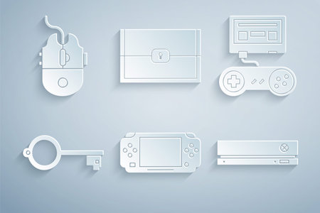 Set Portable video game console, Game with joystick, Ancient key for, Video, Chest and Computer...