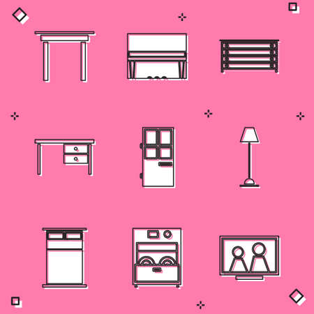 Set Wooden table, Grand piano, Chest of drawers, Office desk, Closed door, Floor lamp, Big bed and Kitchen dishwasher machine icon. Vectorのイラスト素材