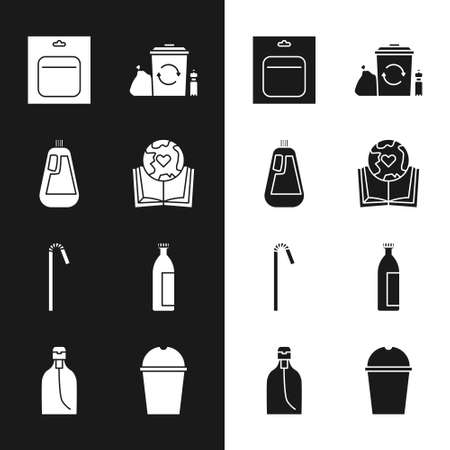 Set Earth globe and book, Bottle for dishwashing liquid, Battery pack, Recycle bin with recycle, Drinking plastic straw, Lotion cosmetic tube, Paper glass water and of soap icon. Vectorのイラスト素材