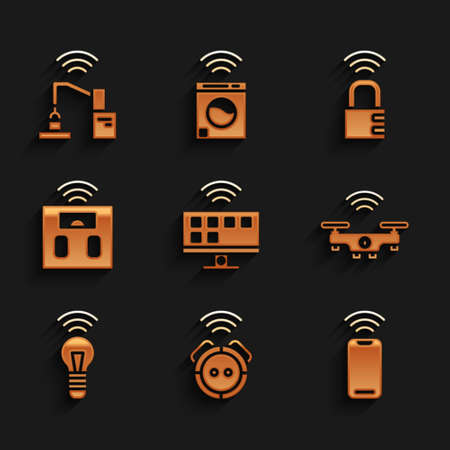 Set Smart Tv system, Robot vacuum cleaner, Wireless smartphone, drone, light bulb, bathroom scales, safe combination lock and Robotic robot arm hand factory icon. Vectorのイラスト素材