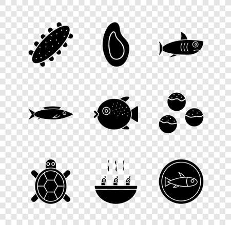 Set Sea cucumber, Mussel, Shark, Turtle, Soup with shrimps, Served fish on plate, Fish and Puffer icon. Vectorのイラスト素材