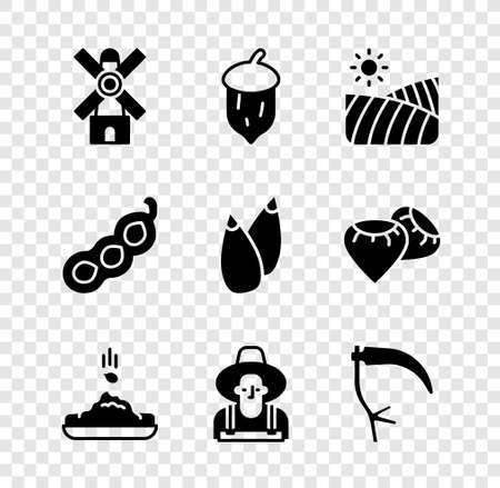 Set Windmill, Acorn, oak nut, seed, Agriculture wheat field, Seed, Farmer the hat, Scythe, Green peas and icon. Vectorのイラスト素材