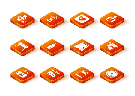 Set Sport bag, Barbell, Pommel horse, Punching, Sleeveless t-shirt, Short pants, Weight plate and Towel on hanger icon. Vectorのイラスト素材