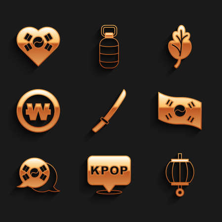 Set Katana, K-pop, Korean lantern, South flag, won coin, Kimchi and Love with heart icon. Vectorのイラスト素材