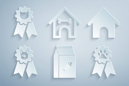 Set Bag of food for cat, Dog house, award symbol, Pet, and bone and Cat icon. Vectorのイラスト素材