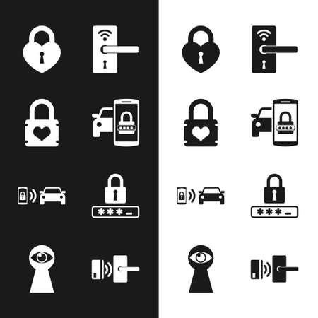 Set Smart car security system, Padlock with heart, Castle in the shape of, Digital door wireless, alarm and Password protection icon. Vectorのイラスト素材