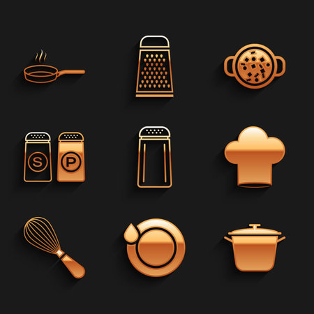 Set Salt and pepper, Washing dishes, Cooking pot, Chef hat, Kitchen whisk, soup and Frying pan icon. Vectorのイラスト素材