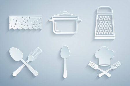 Set Spoon, Grater, Crossed fork and spoon, Chef hat, Cooking pot and Sponge with bubbles icon....