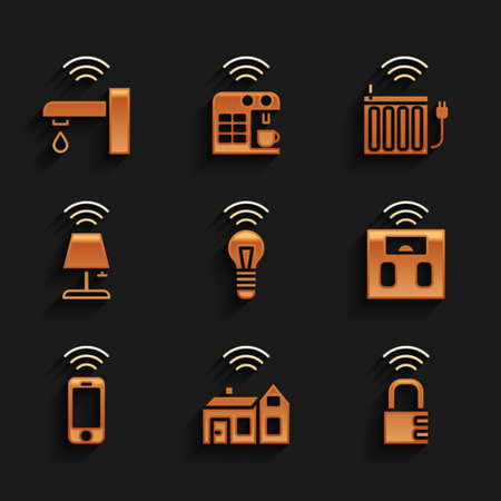 Set Smart light bulb, home with wireless, safe combination lock, bathroom scales, Wireless smartphone, table lamp, heating radiator and water tap icon. Vectorのイラスト素材