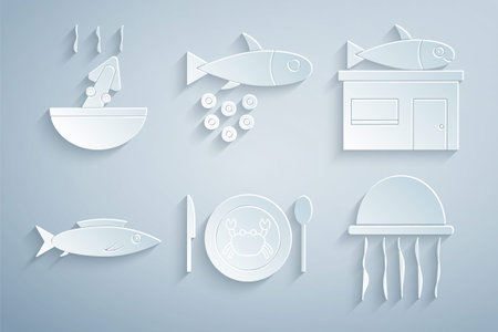 Set Served crab on a plate, Seafood store, Fish, Jellyfish, with caviar and Soup octopus icon. Vectorのイラスト素材