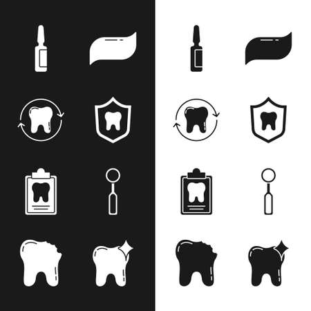 Set Dental protection, Tooth whitening, Painkiller tablet, Toothpaste, card, inspection mirror, and Broken tooth icon. Vectorのイラスト素材
