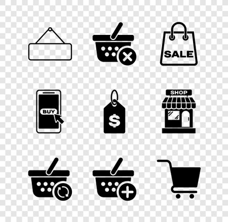 Set Signboard hanging, Remove shopping basket, Shopping bag with Sale, Refresh, Add to, cart, Mobile and and Price tag dollar icon. Vectorのイラスト素材