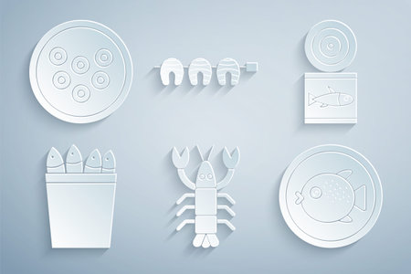 Set Lobster, Canned fish, Fishing bucket with fishes, Puffer on plate, Grilled steak and Caviar icon. Vectorのイラスト素材