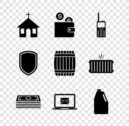 Set Church building, Wallet with coin, Walkie talkie, Stacks paper money cash, Laptop envelope and Household chemicals bottle icon. Vectorのイラスト素材