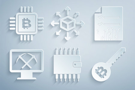 Set Cryptocurrency wallet, Smart contract, Mining with monitor and pickaxe, key, Distribution and CPU mining farm icon. Vectorのイラスト素材