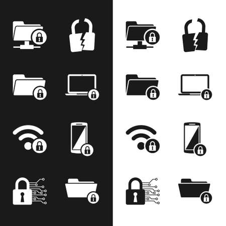 Set Laptop and lock, Folder, FTP folder, Broken or cracked, Wifi locked and Smartphone with icon. Vectorのイラスト素材