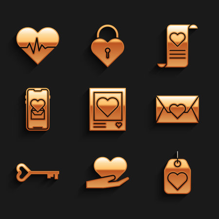 Set Photo frames and hearts, Heart in hand, tag, Envelope with Valentine, Key shape, Mobile, and rate icon. Vectorのイラスト素材