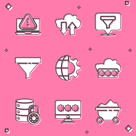 Set Laptop with exclamation mark, Cloud download and upload, Location sales funnel, Sales, Globe of the Earth gear, Password protection, Server security lock and Monitor password icon. Vectorのイラスト素材