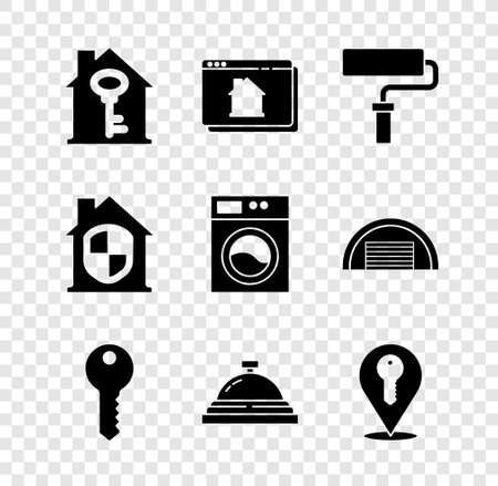 Set House with key, Online real estate house, Paint roller brush, Hotel service bell, Location, under protection and Washer icon. Vectorのイラスト素材