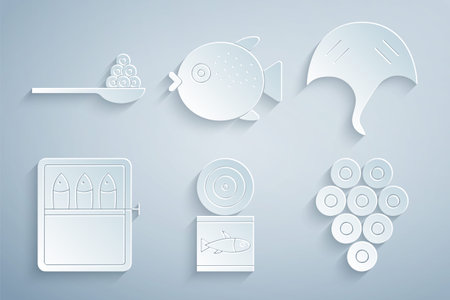 Set Canned fish, Stingray, Caviar, Puffer and on spoon icon. Vectorのイラスト素材
