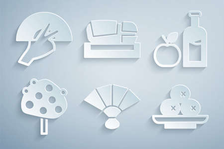Set Fan flamenco, Apple cider bottle, Orange tree, Olives on plate, Stadium Mestalla and icon. Vectorのイラスト素材