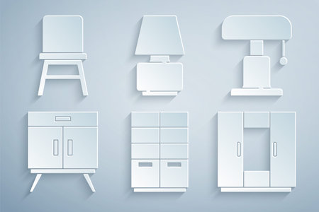 Set Wardrobe, Table lamp, Chest of drawers, and Chair icon. Vectorのイラスト素材