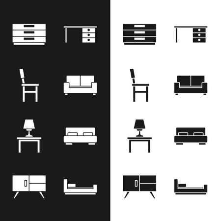 Set Sofa, Chair, Chest drawers, Office desk, Table lamp on table, Big bed, Bed and icon. Vectorのイラスト素材