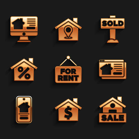 Set Hanging sign with For Rent, House dollar symbol, Sale, Online real estate house, percant discount, text Sold and icon. Vectorのイラスト素材