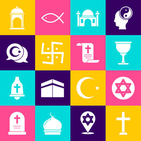 Ilustración de Set Christian cross, Star of David, Holy grail or chalice, Muslim Mosque, Hindu swastika, and crescent, and Decree, paper, parchment, scroll icon. Vector - Imagen libre de derechos