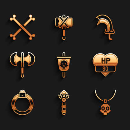Set Pirate flag, Magic wand, Necklace amulet, Video game bar, stone ring, Medieval poleaxe, Sword for and Crossed human bones icon. Vectorのイラスト素材