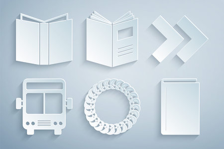 Set Laurel wreath, Arrow, Bus, Book, Open book and icon. Vectorのイラスト素材